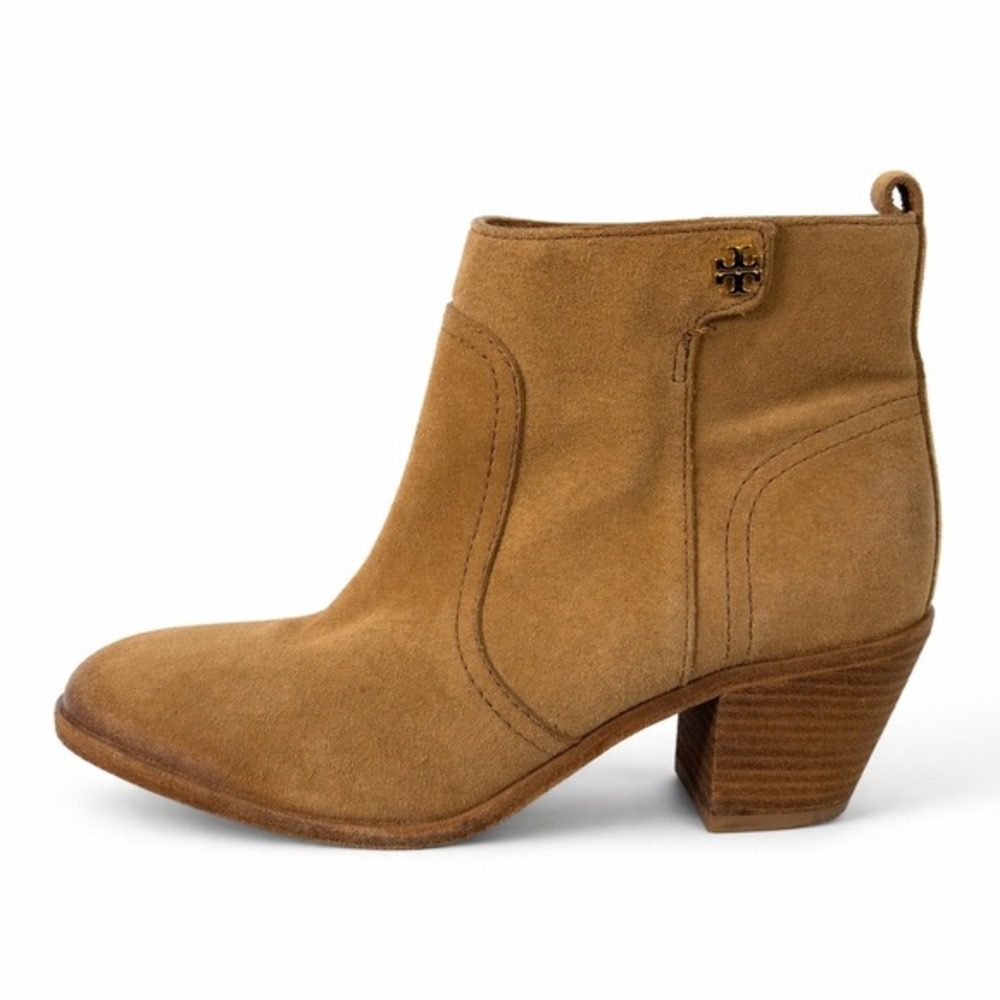 Tory Burch Sabe Tan Suede Ankle Boots Leather Sole Block‎ Heel Brazil 7.5M